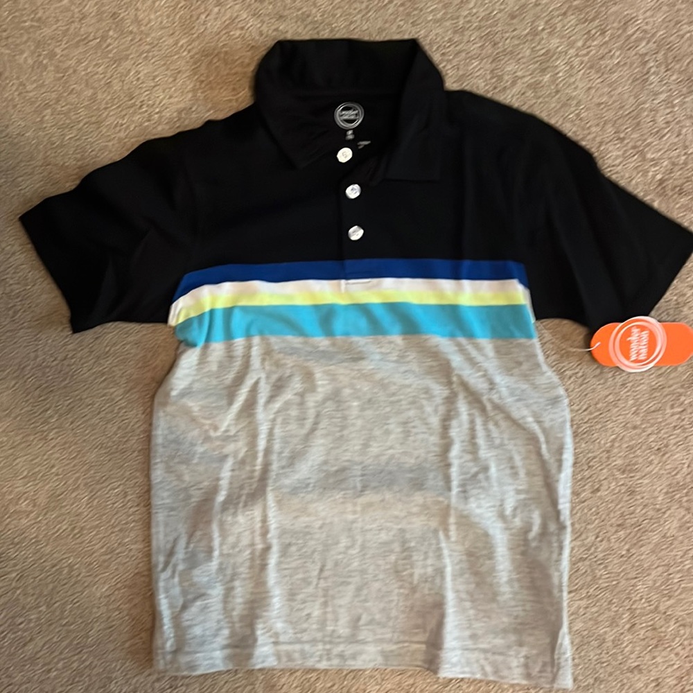 NWT Wonder Nation Boys size 8 black/gray striped polo.
